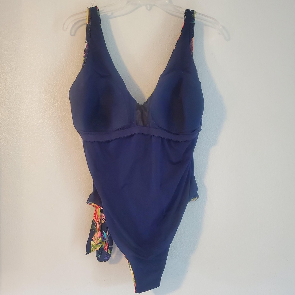 Lands End Swimsuit Womens 18 Blue Tropical Floral One Piece Tummy Control Ruched - Picture 5 of 8